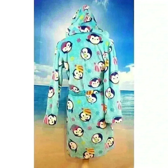 KOMAR KIDS Girls TEAL AQUA BLUE Bathrobe SOFT Dressing Gown FUZZY HOODIE size Lg - Picture 6 of 7